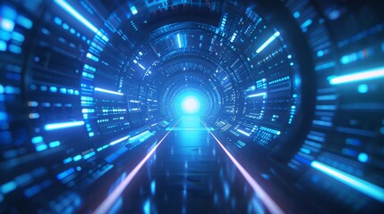 Poster - Enhanced 3D rendering of the blue technology background. Abstract data center, server, internet, speed. Futuristic HUD tunnel. Display screens for technology titles and backgrounds. 3D screenshots.