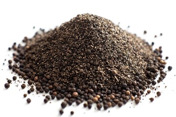 Poster - A close-up shot of a pile of black pepper seeds on a white surface, suitable for use in recipes, cookbooks, and food-related contexts
