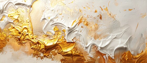 Wall Mural - Abstract gold and white oil painting on canvas texture background. Closeup of acrylic paint strokes on canvas.	
