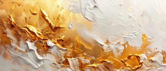 Wall Mural - Abstract gold and white oil painting on canvas texture background. Closeup of acrylic paint strokes on canvas.	
