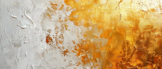 Wall Mural - Abstract gold and white oil painting on canvas texture background. Closeup of acrylic paint strokes on canvas.	
