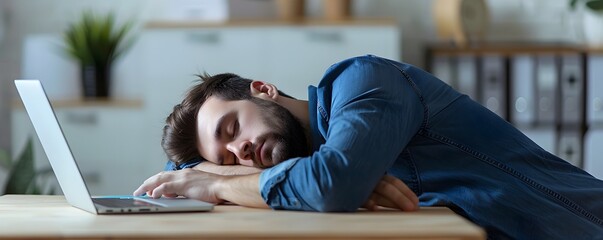 Tired Businessman Falling Asleep at Desk Due to Narcolepsy or Fatigue from Overwork