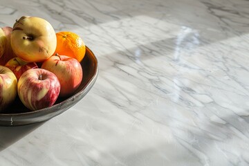 Wall Mural - A bowl of fresh fruit, including red and yellow apples and oranges, sits on a marble countertop