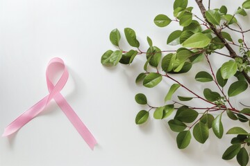 Wall Mural - A pink ribbon awareness symbol for breast cancer is carefully placed on a white background, with green leaves bordering the right side of the frame