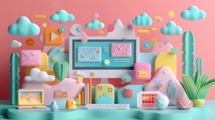 Poster - Colorful 3D Illustration of a Desktop with Cloud Shapes.