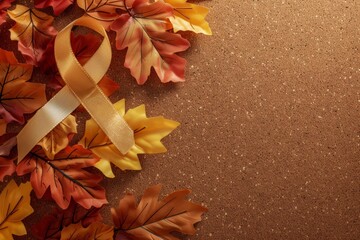 Wall Mural - A gold cancer awareness ribbon pinned to a corkboard, surrounded by vibrant autumn leaves