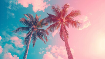 Wall Mural - Coconut palm trees on pink sky background. Vintage toned	
