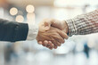 © Welle Photos - Close up of two business people shaking hands in office, showcasing teamwork and successful collaboration concept, blurred background with copy space, fujifilm pro