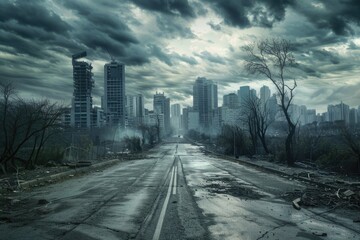 Poster - A dirty road with a city skyline in the background, suitable for use in urban-themed projects