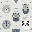 © jintana - Seamless childish pattern with cute animal faces. Creative kids forest texture for fabric, wrapping, textile, wallpaper, apparel. Vector illustration