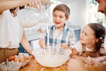 Wall Mural - Parents, boy or girl in house for baking with milk, learning and development or kitchen bonding. Mother, father or children in family home with ingredients for cooking, help with breakfast for health