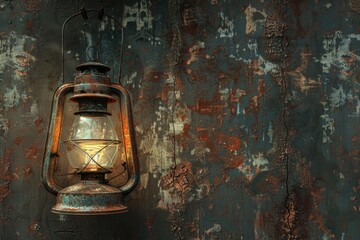 Poster - An old lantern hangs from a rusty wall, with peeling paint and cracks