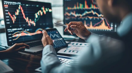 Poster - A financial advisor explaining stock market graphs and investment strategies to a client.