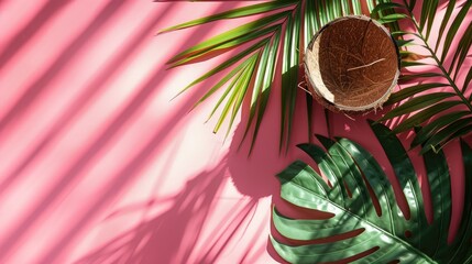 Sticker - Aerial shot of coconut palm leaves monstera on pink backdrop with sunlight and shadow Travel theme flatlay