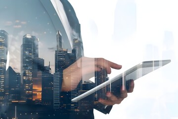 Close-up of a male professional's hand in a business suit, holding a tablet device against a background of high-rise buildings in a double exposure