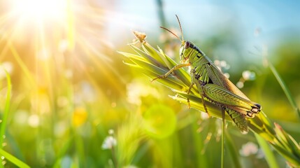 Poster - A grasshopper sitting on a blade of grass in a sunny field.