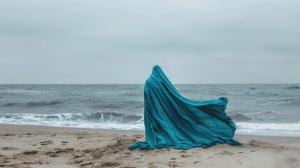 Wall Mural - A woman stands on a beach wearing a blue dress, suitable for travel or vacation photography