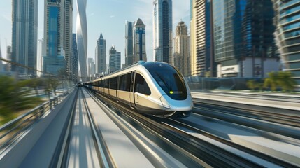 Aufkleber - A modern electric train speeding through a cityscape with skyscrapers in the background.