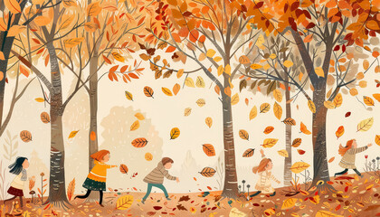 Wall Mural - Three children are playing in the fall, picking up leaves