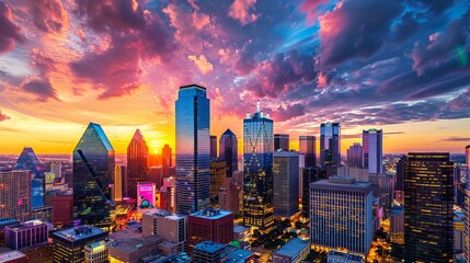 Poster - A panoramic view of city skyscrapers against a colorful sunset sky.