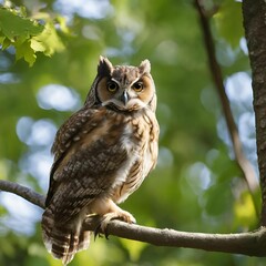 Poster - AI generated illustration of an owl perching on a tree branch in the woods on a sunny day