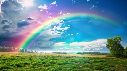 Aufkleber - A rainbow arching over a tranquil countryside under a blue sky.