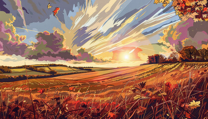 Wall Mural - A beautiful painting of a field with trees and clouds in the sky