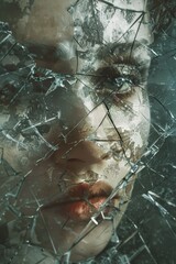 Wall Mural - A woman's face is seen through a broken glass window