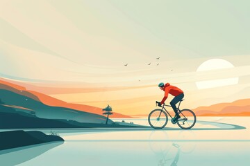 guy cycling along a scenic outdoor path, minimalist natural landscape, freedom in outdoor. Healthy lifestyle physical activity. Eco way of traveling.