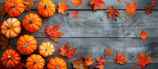 Poster - Pumpkins in orange hues arranged with autumn maple leaves on a wooden backdrop creating a warm fall copy space image