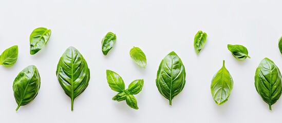 Poster - Basil leaves arranged neatly against a plain white backdrop perfect for a copy space image