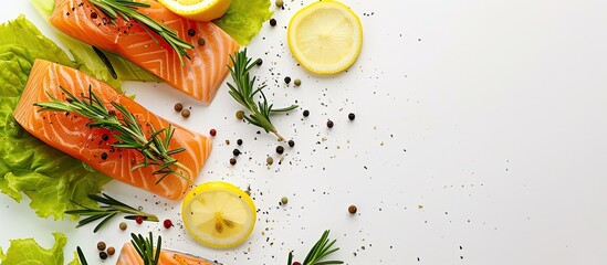Aufkleber - Salmon slice with lettuce peppercorn lemon and rosemary on white background with space for copying the image