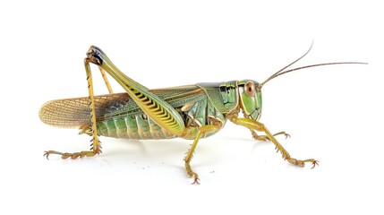 Wall Mural - A close-up image of a green grasshopper sitting on a white background, with its body and legs visible