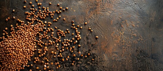 Poster - A rustic copy space image with scattered raw buckwheat grains on a dry textured background