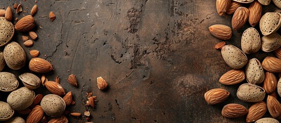 Poster - Almond nuts both with and without shells arranged on a table with space for an image. copy space available