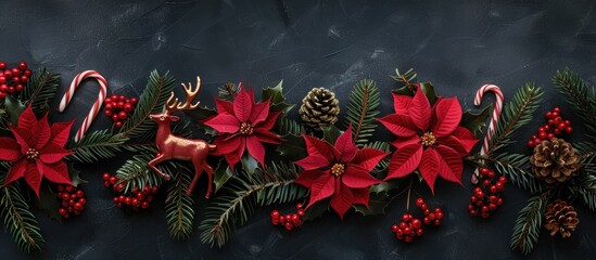 Aufkleber - Traditional Christmas decorations like red flowers deer and candy canes on a black background with spruce branches cones and ample copy space image