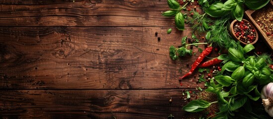 Poster - Wooden table with assorted spices for cooking including pepper dill and parsley creating an inviting scene with copy space image included