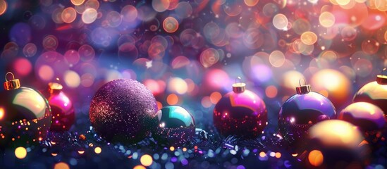 Aufkleber - A festive Christmas backdrop decorated with a variety of colorful glowing ornaments suitable for adding text or other elements. copy space available