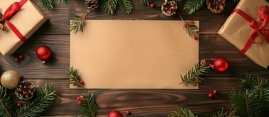 Aufkleber - Wooden business table adorned with Christmas decorations and a blank mockup paper perfect for a festive message with a copy space image