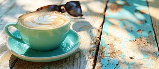 Aufkleber - A mint colored cup of cappuccino with trendy sunglasses rests on a wooden table in sunny weather creating a relaxing scene with copy space image