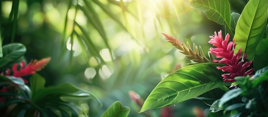 Poster - Adorable flora with large foliage in the woodland setting with a background ideal for adding text or graphics in the copy space image