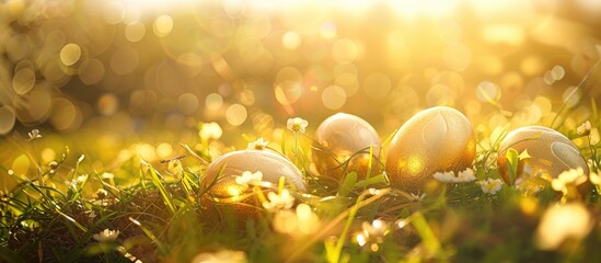 Aufkleber - Spring holiday background with golden eggs on fresh grass under the sun s rays ideal for Easter wallpaper copy space image capturing the essence of the season