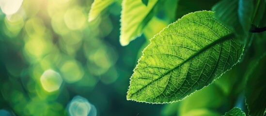 Poster - Green leaf in focus against a blurred garden backdrop with copy space image embodying a natural theme for a wallpaper or ecological design