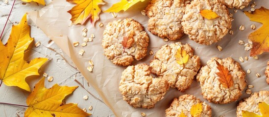 Aufkleber - Autumn themed oat cookies on a light background with parchment decorated with yellow leaves creating an enticing fall themed copy space image