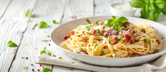 Poster - A white dish on a white wooden table displays spaghetti carbonara topped with bacon and cheese sauce creating a beautiful copy space image