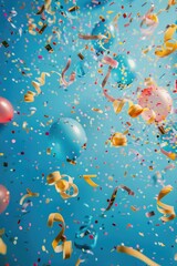 Poster - A burst of colorful balloons and confetti floating against a bright blue background, perfect for celebrations and parties