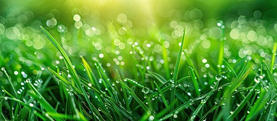 Aufkleber - Close up image of fresh vibrant green grass with dew drops providing copy space Lush green foliage with raindrops in rainy weather creating a textured background