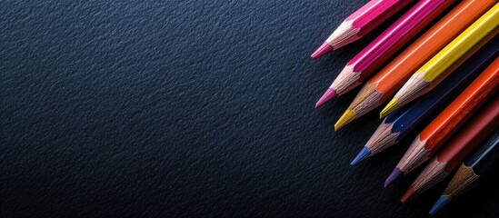 Poster - Top view of colored pencils on a black cardboard background symbolizing education in a high quality copy space image