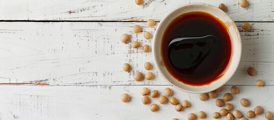 Poster - Close up of delicious soy sauce in a bowl with soybeans on a white wooden table providing copy space for text