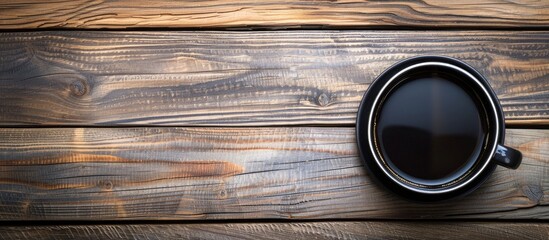 Aufkleber - Top view of a black coffee cup on a wooden table with a clear surface available for writing in the background space with no content for adding an inscription. copy space available